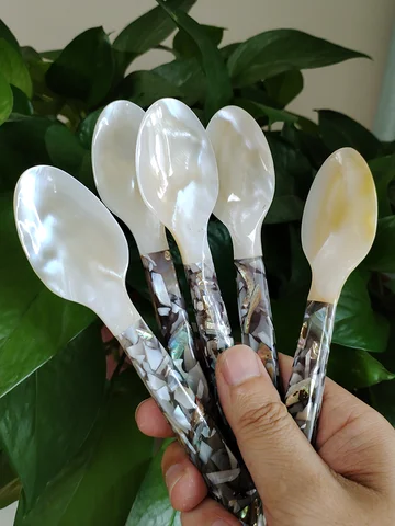 둥근 손잡이가 달린 진주 모양 캐비아 스푼, 계란 아이스크림, 커피, 레스토랑 서비스, 5 개 세트