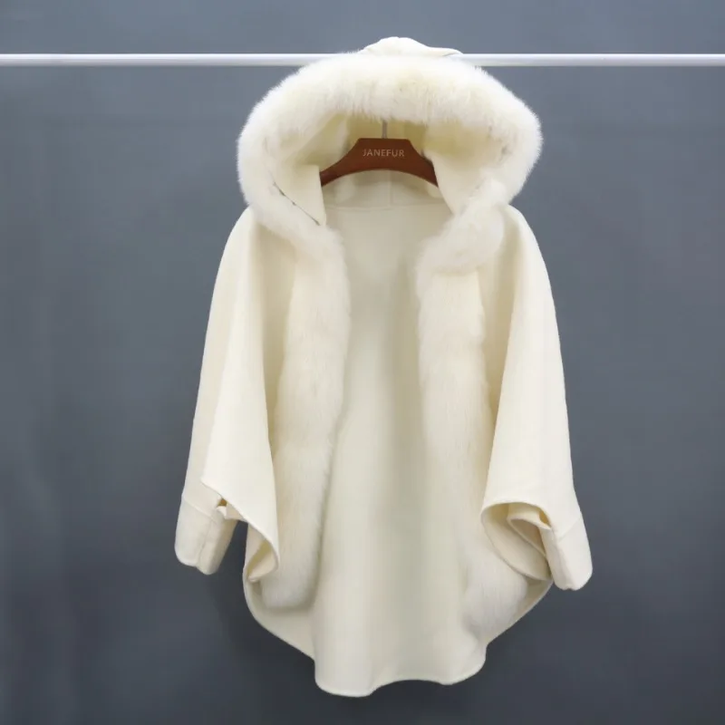 Fox Fur Collar Hooded Sleeves Double-sided Woolen Cloak Fur Cloak