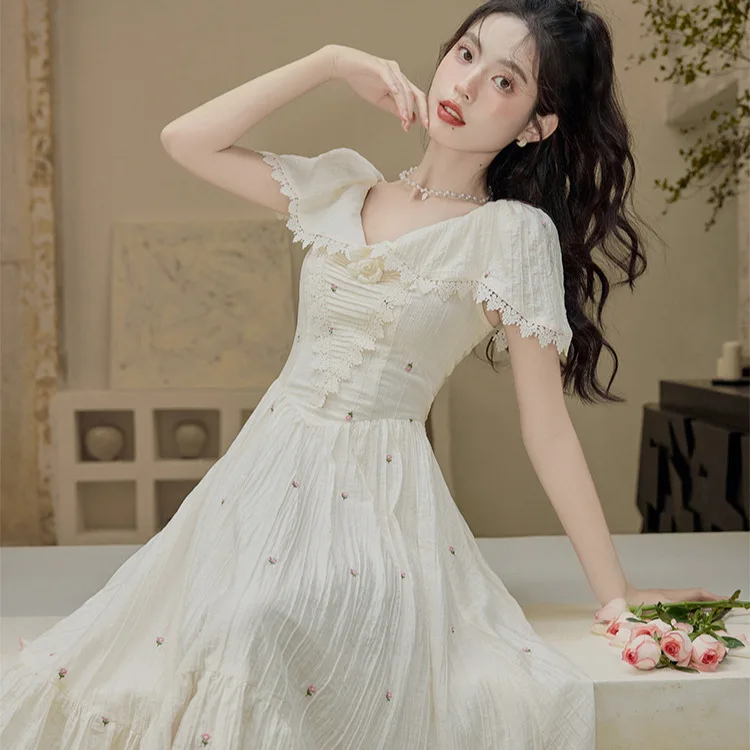 RetroLace Flying Sleeves with Small Flower embellishments Embroidered Waist Wrap Skirt Embroidered Print Dress Waist Wrap Length