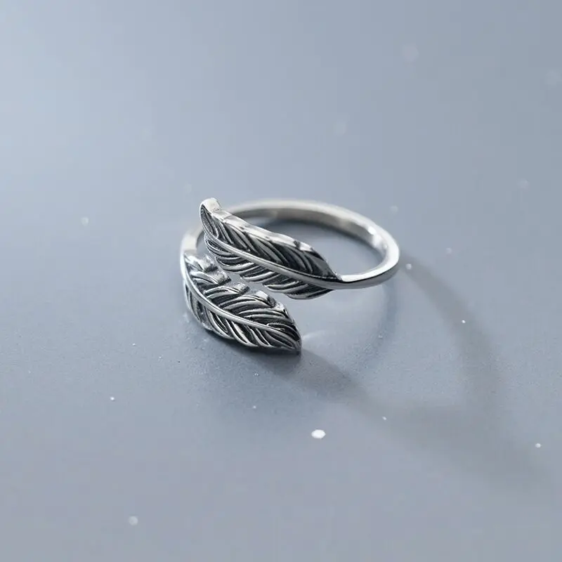 New French Retro Feather 925 Sterling Silver Simple Personality Opening Rings  R292