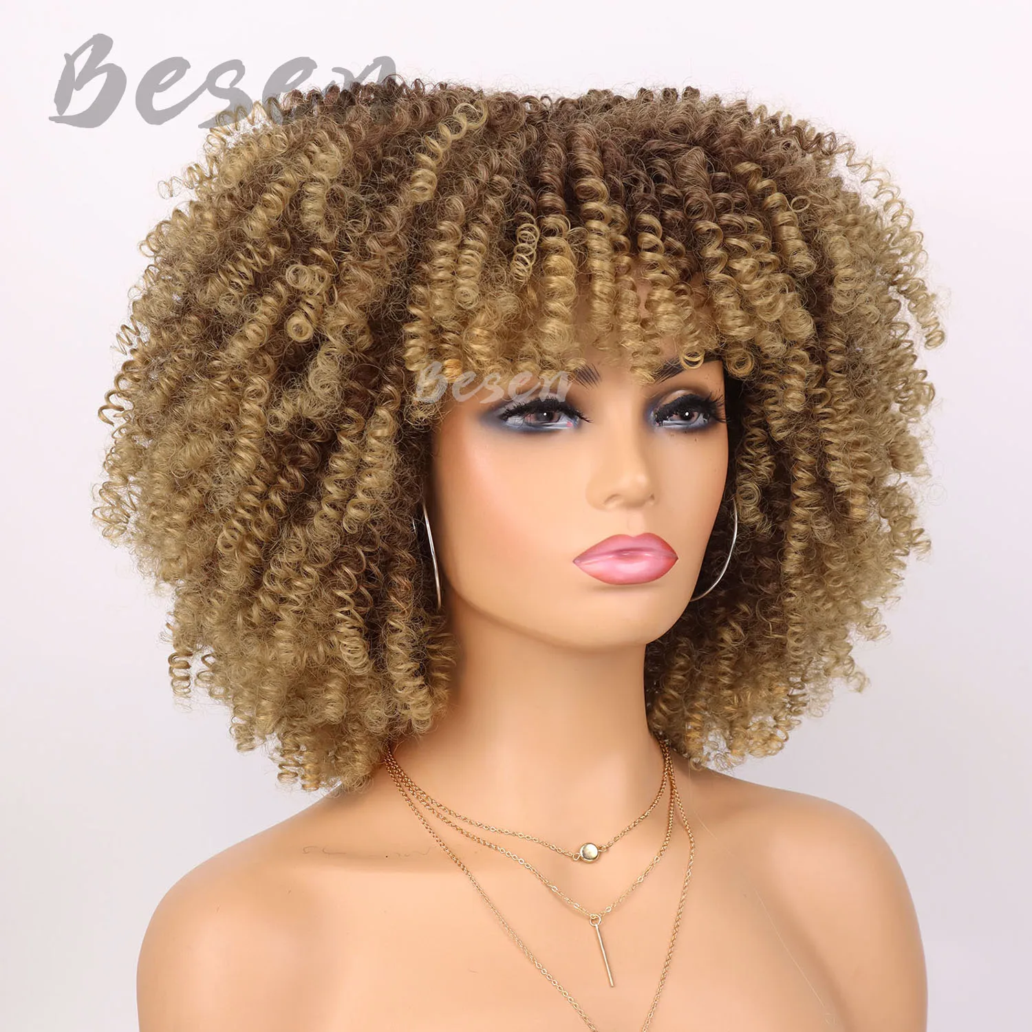 Synthetic Short Kinky Curly Wigs for Women Soft Short Afro Wig with Bangs Heat Resistant Full Afro Curly Wigs for Daily Use