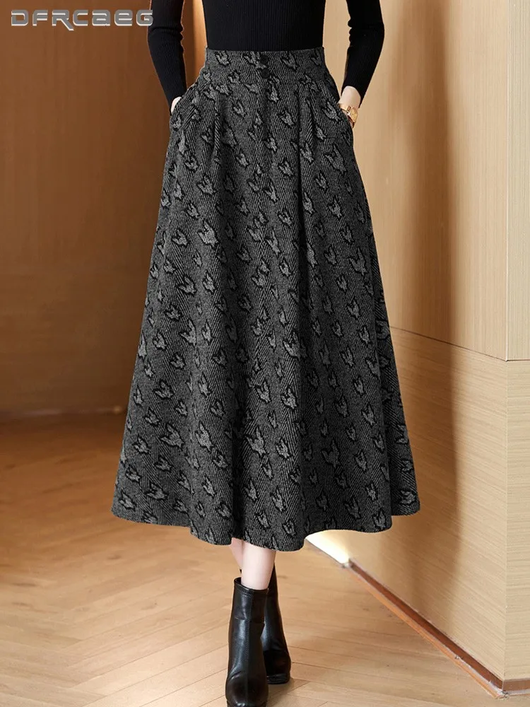 

Vintage Houndstooth Winter Thickening Woollen Long Skirt Women 2023 Elegant Casual Loose Big Size Wool Saias Lady 3XL 4XL