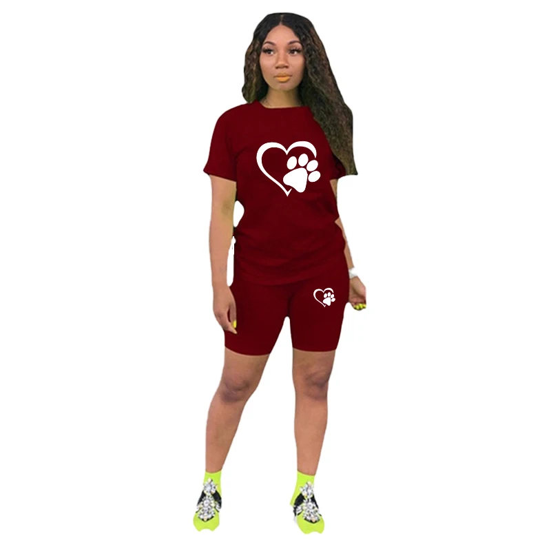 Fashion Cat Paw Printed Women T-shirt and Shorts Two Piece Outfits Sets Tracksuits Sports Wear for Women