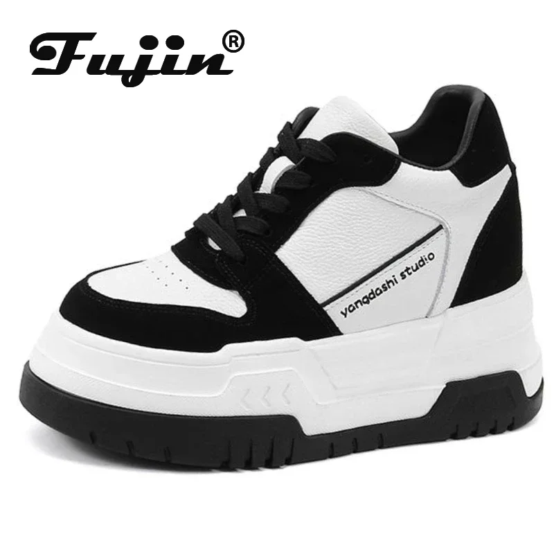 Fujin 8 cm Vrouwen Platform Wedge Enkel Herfst Chunky Sneakers Lente Laarzen Varkensleer Leer Vulcaniseer Vrouw Schoenen