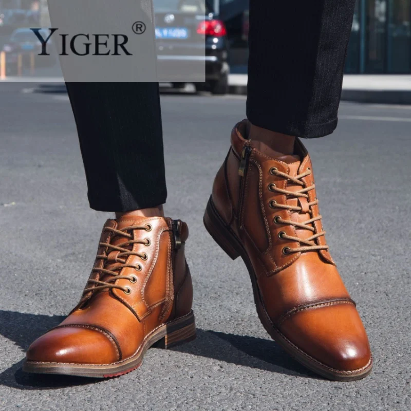 YIGER New Men Ankle Boots Genuine Leather Man Business Boots Male Lace-up Winter Casual shoes Big size High-top men\'s shoes 2024