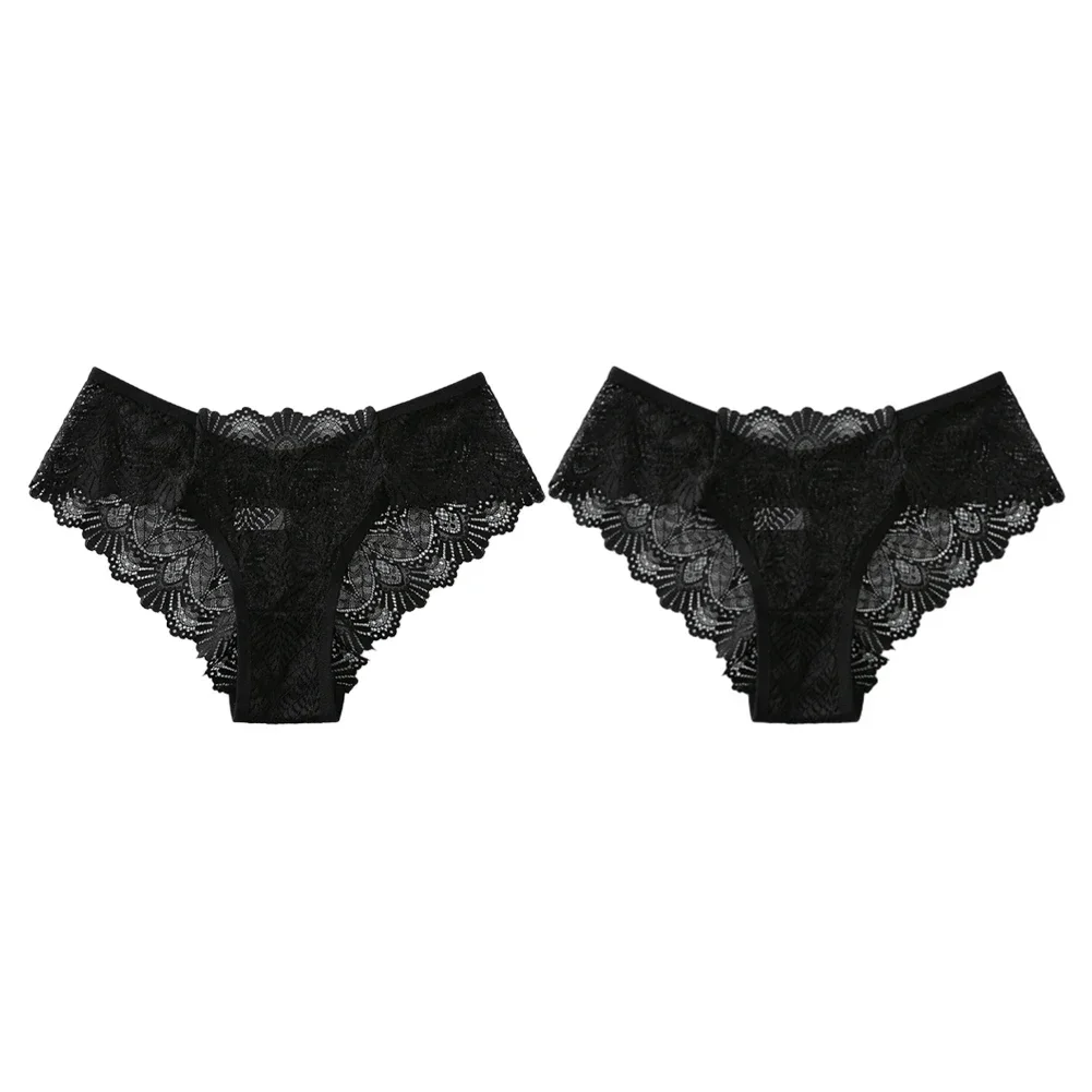 

2pcs Sexy Women's See Through Lace Underwear Bikini Briefs Solid Color Low Waist Breathable Female Panties