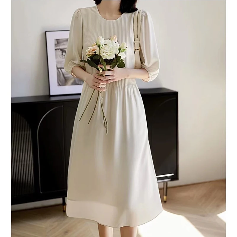 

2024 Summer New Casual Home Women's Gentle Upscale Elegant Aura Pleated Waisted Acetate A-line Dress Tie Dresses