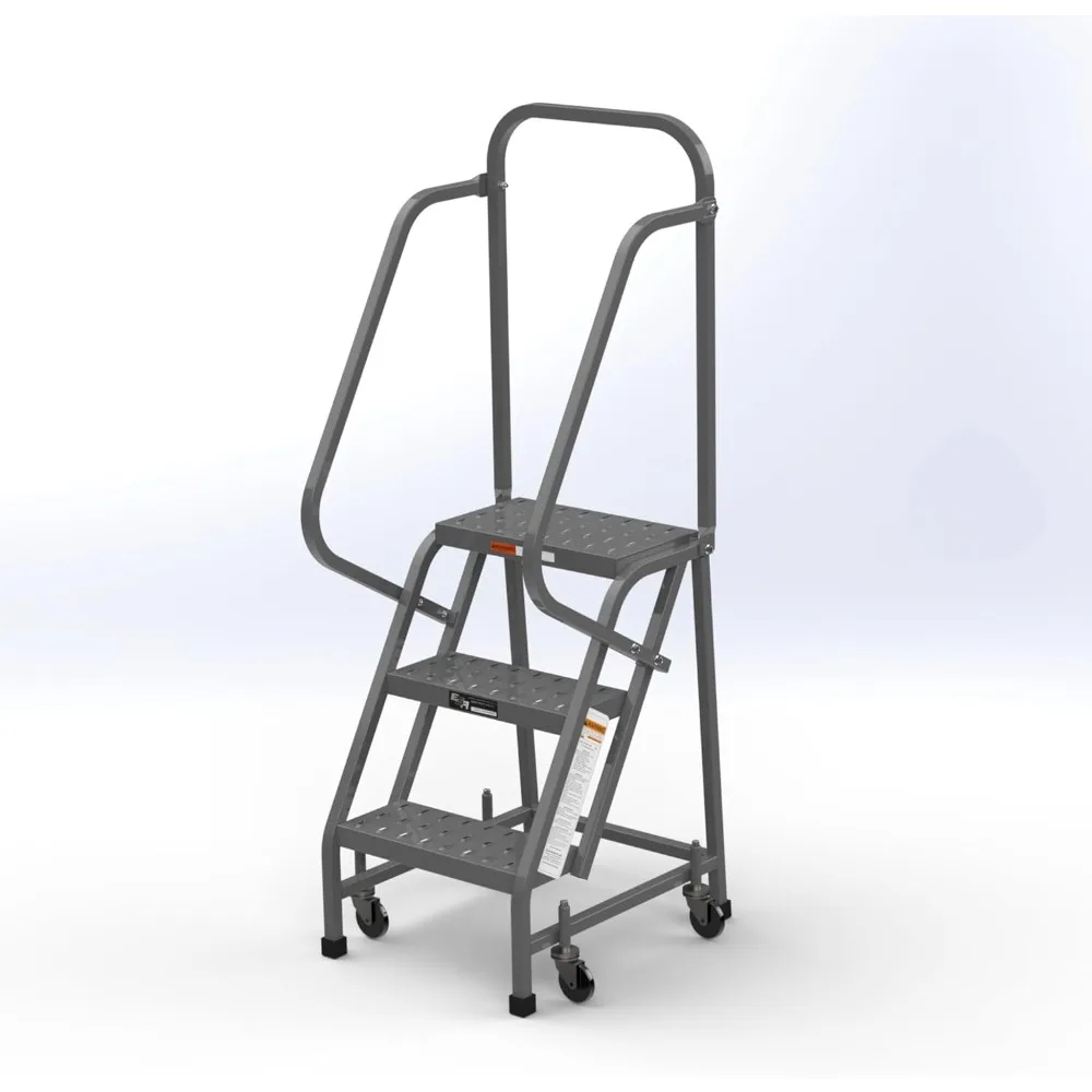 

3 Step Rolling Ladder with Handrails, Industrial and Warehouse Step Stool, L3020HKD, 16" Wide Perforated Tread, 450 Pound Capaci
