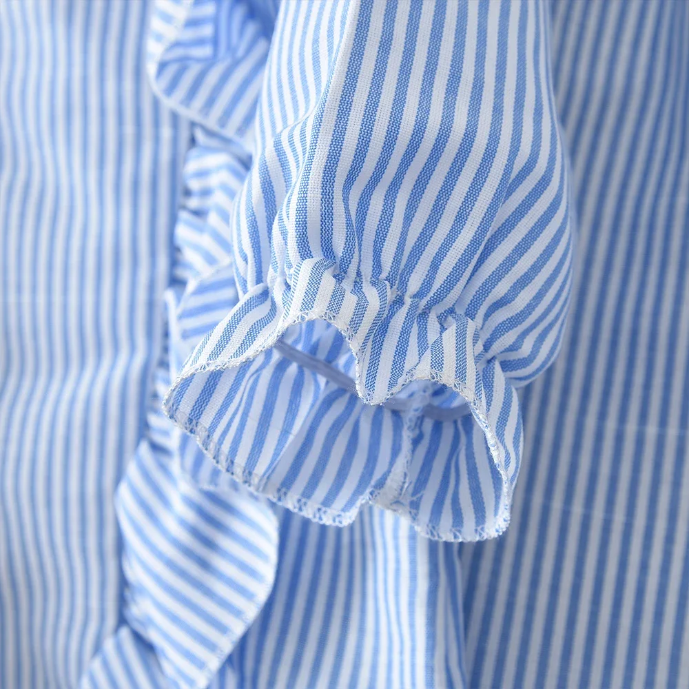 النسخة الكورية ملابس الفتاة الزرقاء عادية غير النظامية الدانتيل قميص طويل الأكمام مطوي السراويل الطويلة قطعتين مجموعة الخريف جديد #5