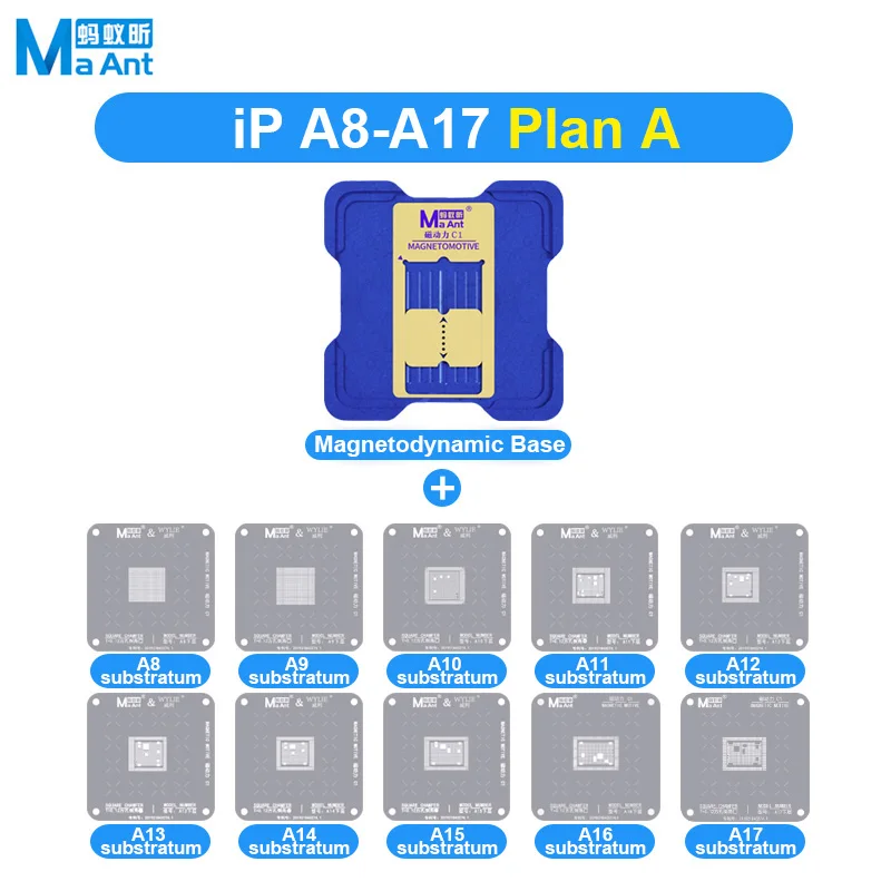 MaAnt C1 BGA Reballing Stencil Platform Set per IP A8-A17 MTK Hisilicon Qualcomm EMMC SAM CPU piantare Tin Steel Mesh