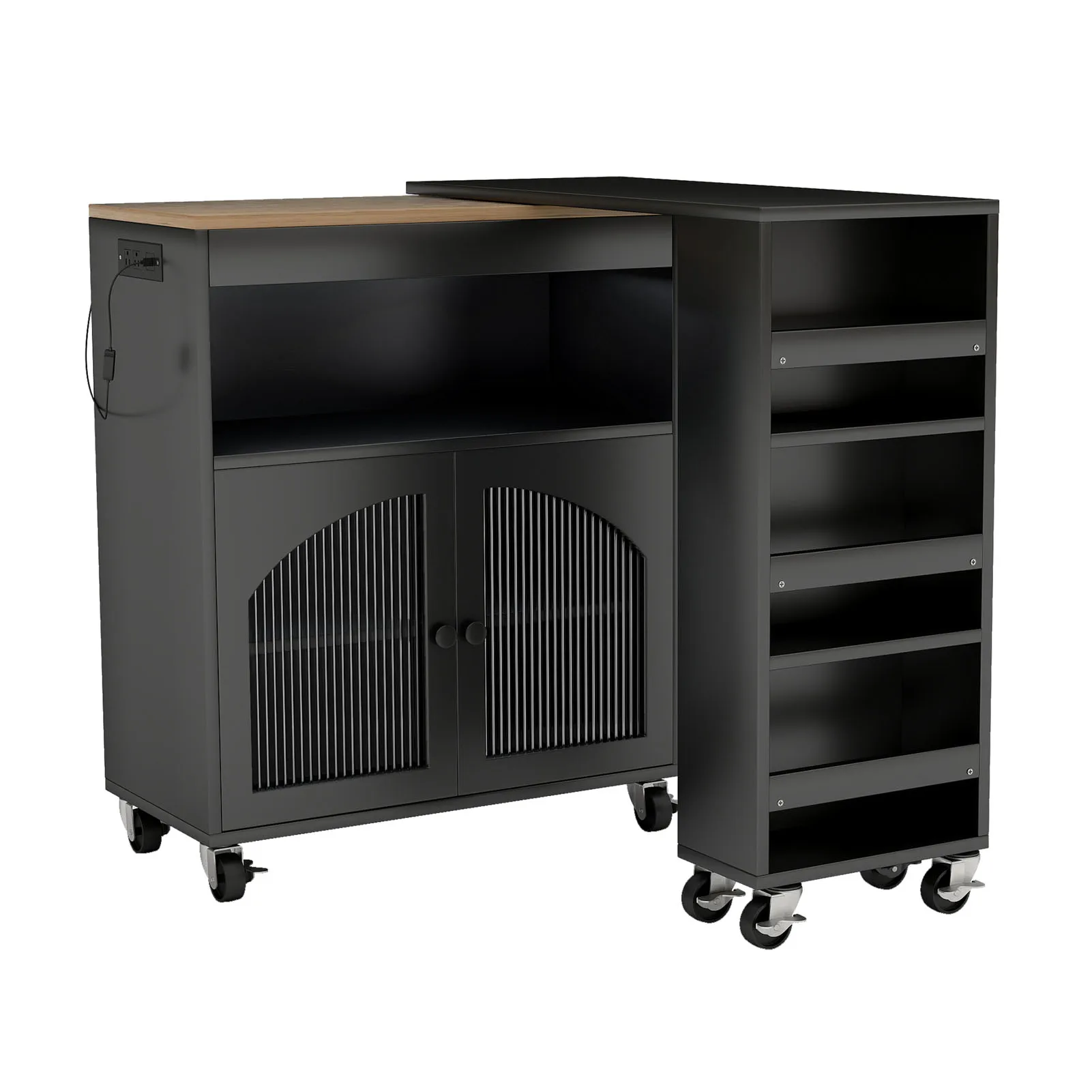 طاولة جزيرة المطبخ المتدحرجة القابلة للتوسيع، عربة تخزين المطبخ المتكاملة، 3 أرفف مفتوحة لأثاث المطبخ