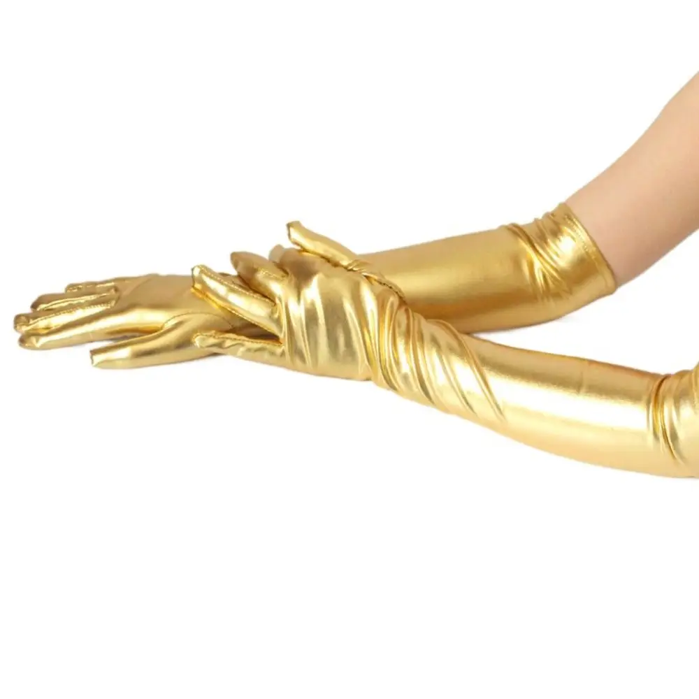 Gold Silver Wet Look Fake Leather Metallic Gloves Evening Party Performance Mittens Women Sexy Elbow Length Long Gloves