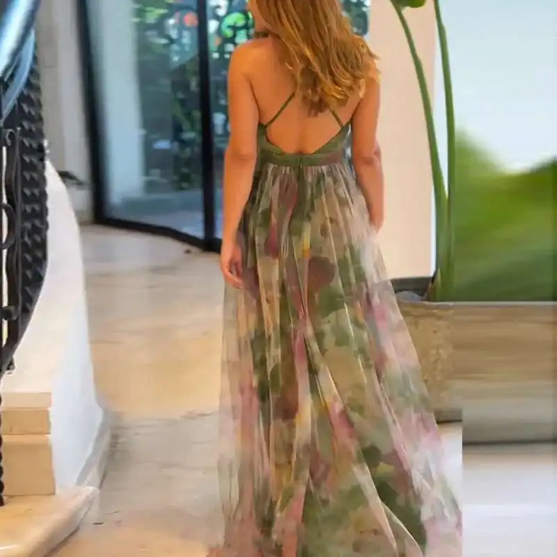 Summer Sexy V Neck High Waist Pleated Long Elegant Off Shoulder Swing Beach Dresses New Mesh Printed Women's Evening Dress