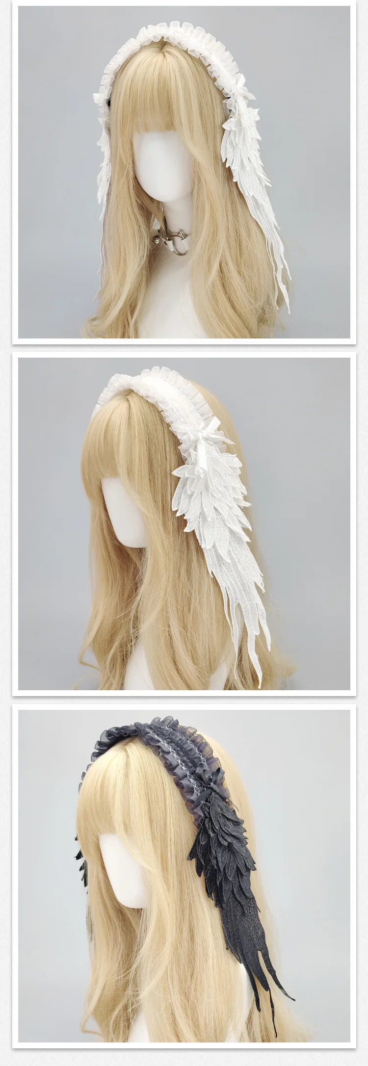 Gothic Lolita Haarschmuck Engelsflügel Spitze Kopfschmuck Schwarz Weiß Lolita Flügel Haarband Cosplay Halloween Party Requisiten Kopfschmuck – Detail 8