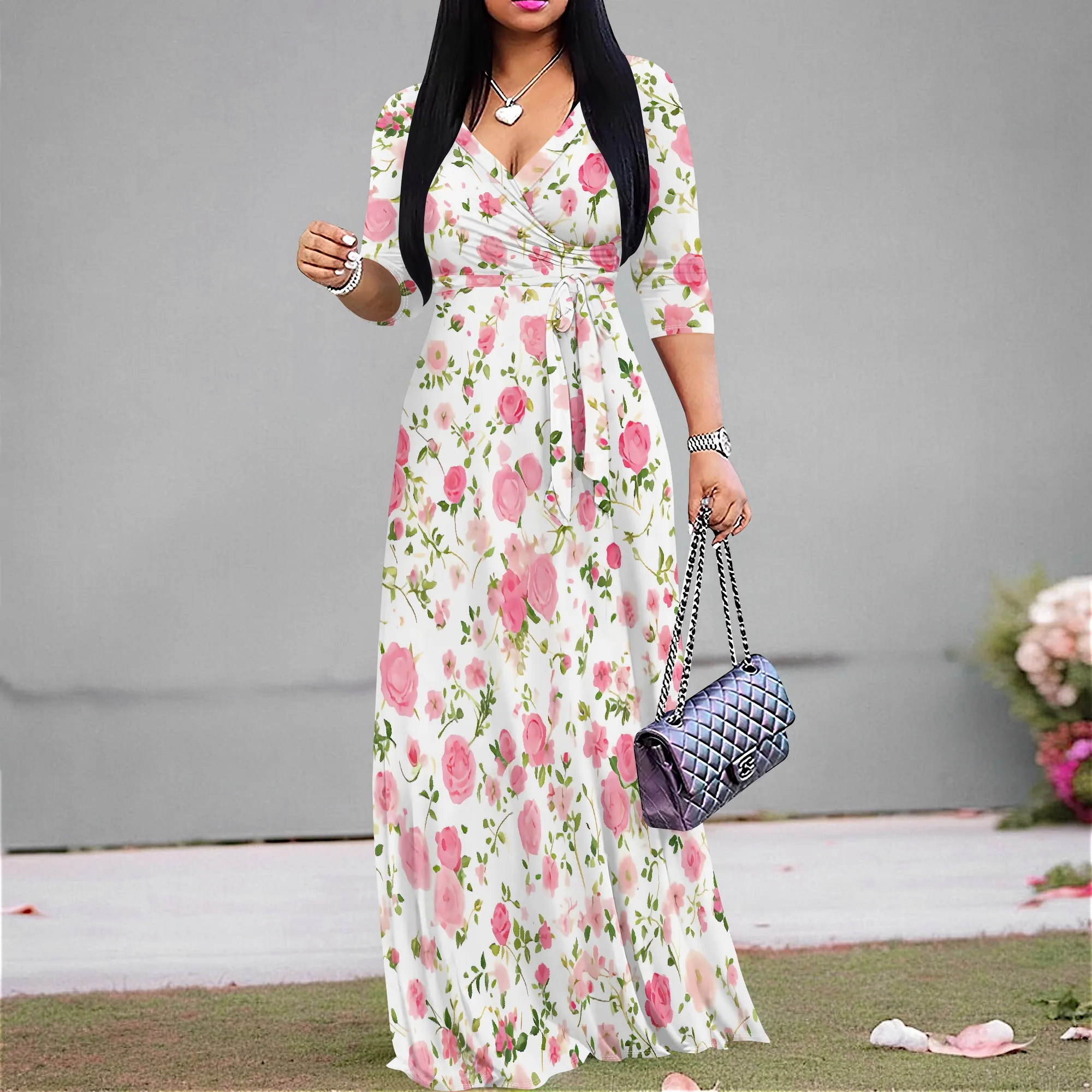 

Women's Plus Size Floral Maxi Dress - Boho V-Neck 3/4 Sleeve Summer Beach Party Vacation Gown - Elegant A-Line S-3XL