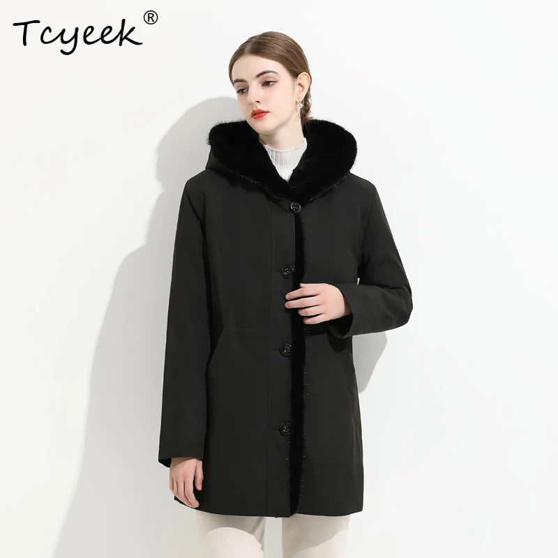 Tcyeek Odpinana Podszewka z Futra Wydry i Królika Jesienno-Zimowa Modna Parka Damska z Kapturem Średniej Długości Casacas Para Mujer Invierno