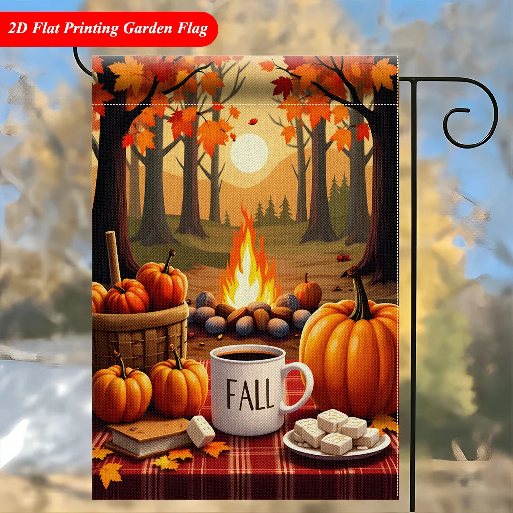 2D Plane - 2D Plane - A 2D Garden Flag Depicting A Cozy Autumn Scene with Pumpkins and Coffee By The Fire - Double-sided Printed Linen Outdoor Decoration for Home and Garden, Holiday Decoration, Size 11.8X17.7 Inches Without Flagpole