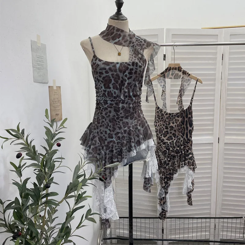 Women's Fashionable Vest Halter Cami Leopard Print Lace Spliced Irregular Streamer Slim Mesh Y2k Sleeveless Blouse1852