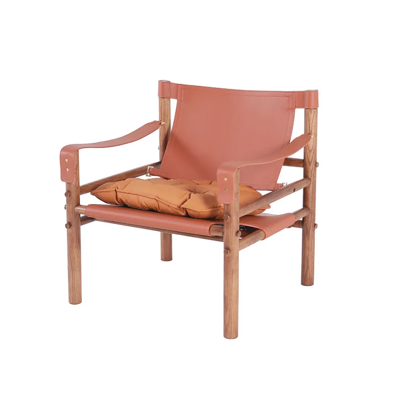 

Retro home living room leisure chair, solid wood saddle leather print hunting chair sofa chair