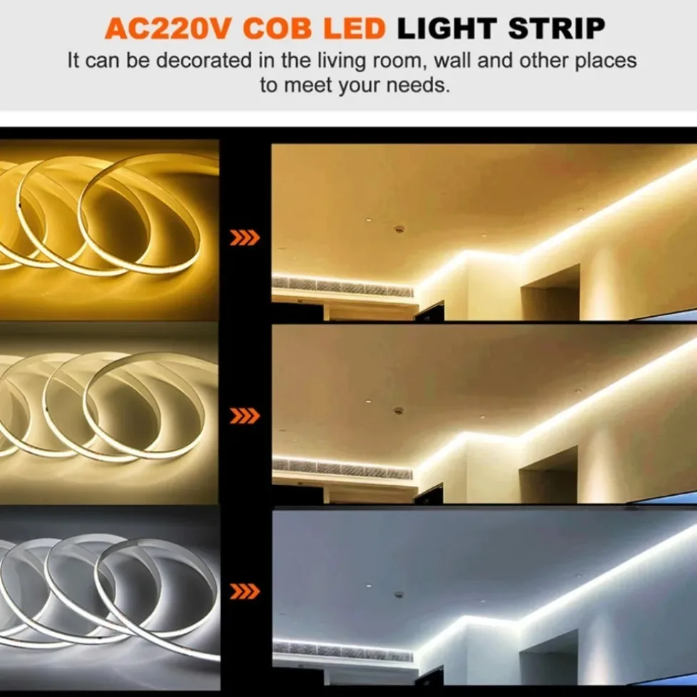 1–5 m COB-LED-Streifen, 220 V, flexible Bandbeleuchtung, intelligenter IC, kein Treiber erforderlich, hohe Helligkeit, 240 LEDs, lineare Beleuchtung, RA95, warmweiß