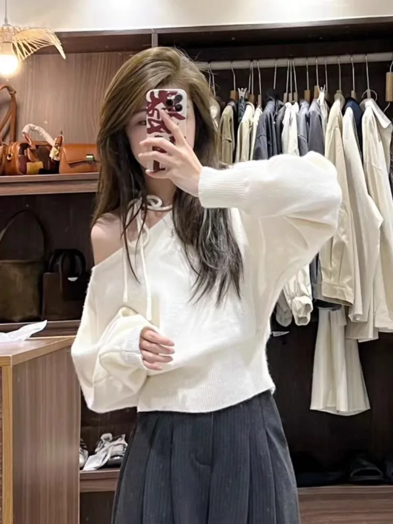 جميلة oulder Bared محبوك قاعدة irt المرأة الخريف الشتاء ملابس داخلية سترة يمكن لباس خارجي علوي الكورية Sle فضفاض صالح