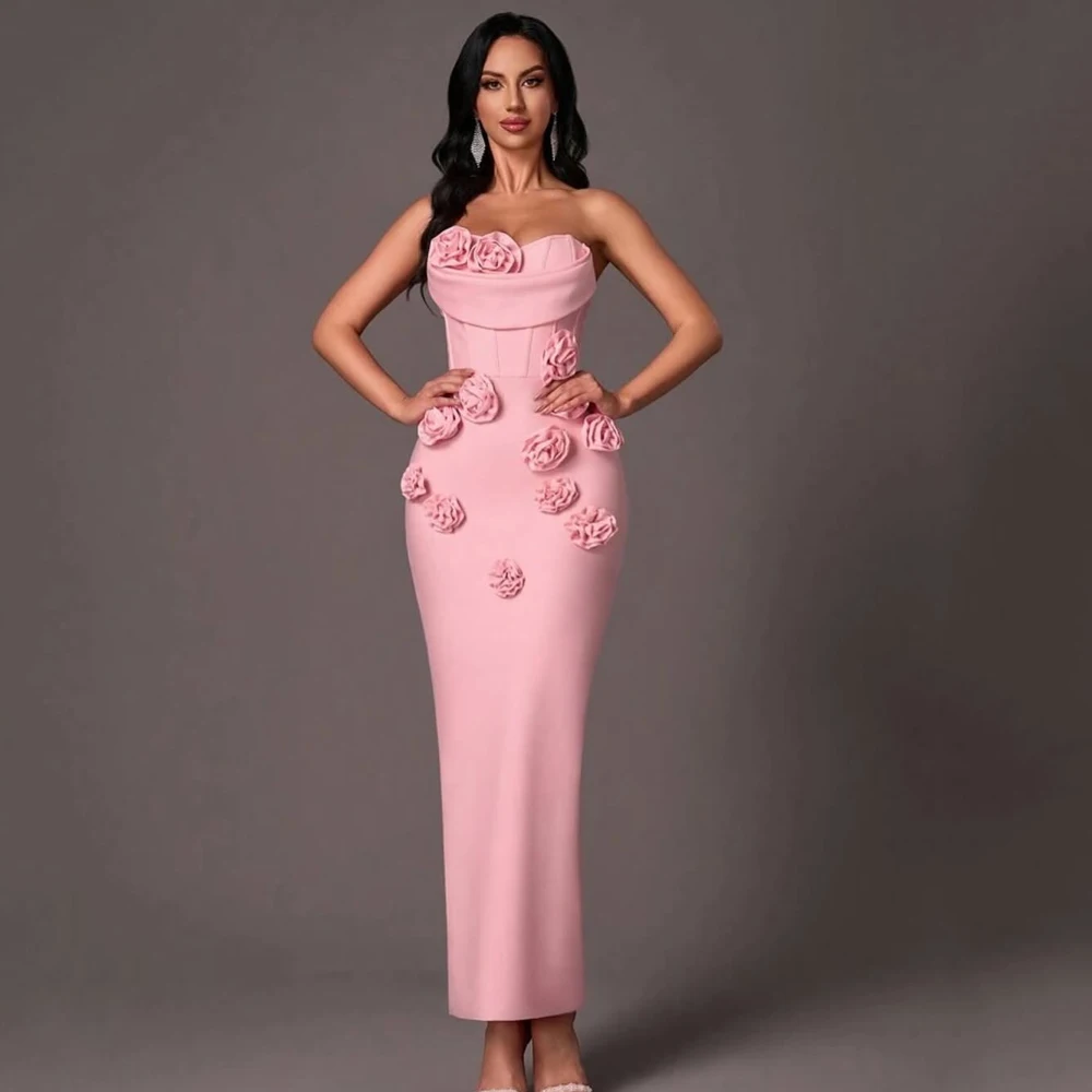 

Розовое свадебное платье без бретелек на заказ, атласные вечерние платья без рукавов с цветами русалки длиной до щиколотки, платья de fiesta