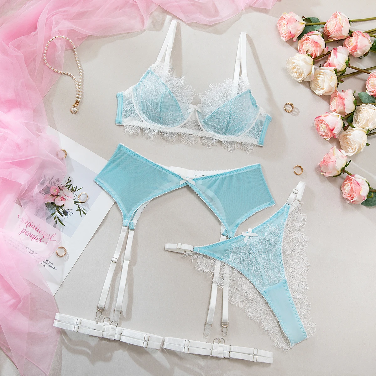 Conjunto de lencería de encaje dulce Krasapt, 4 piezas, sujetadores push-up sexys y bragas, conjuntos de liguero, conjunto delicado estilo hada