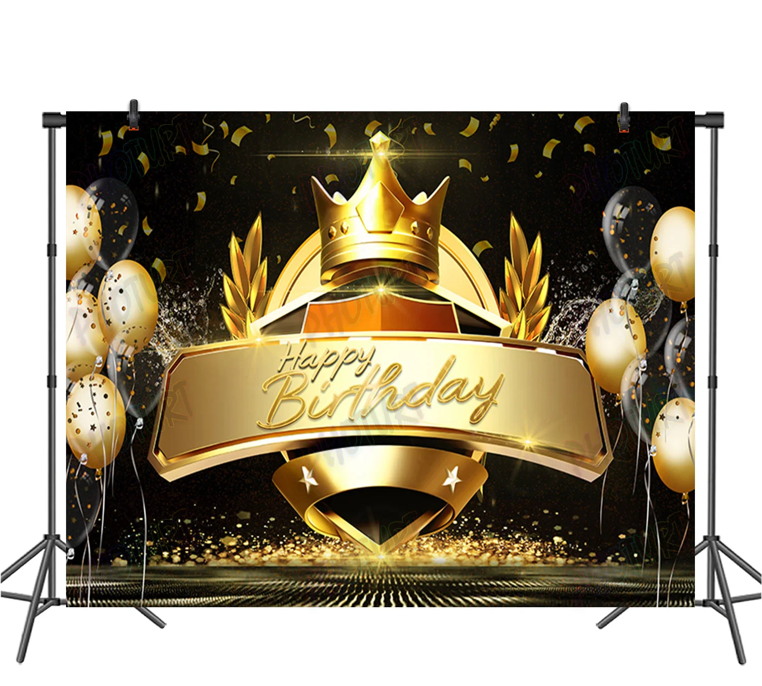 PHOTURT Golden Royal Crown Backdrop Kids Birthday Party Background Glitter Balloon Black Photography Banner Decorate Props