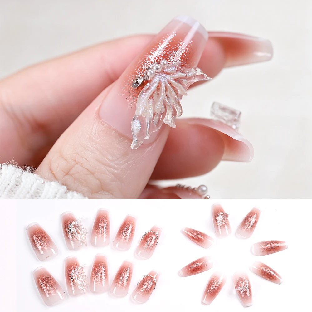 24 Stück mittelgroße, quadratische, handgefertigte Nägel zum Aufdrücken, vollständige Abdeckung, Schmetterlings-Strass-Kunstnägel, künstliche tragbare Maniküre-Nagelspitzen