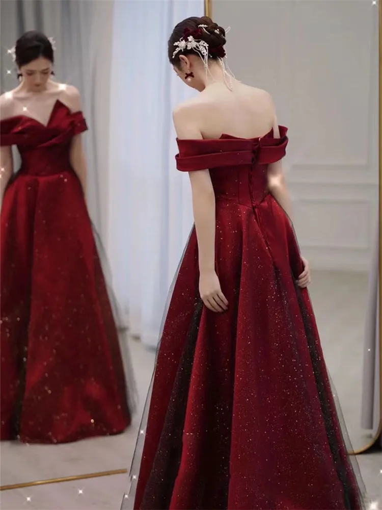 Elegant Dress for Women Burgundy Splicing Lace Sequin Strapless Long A-line Skirt Solid Color Evening Gown M392