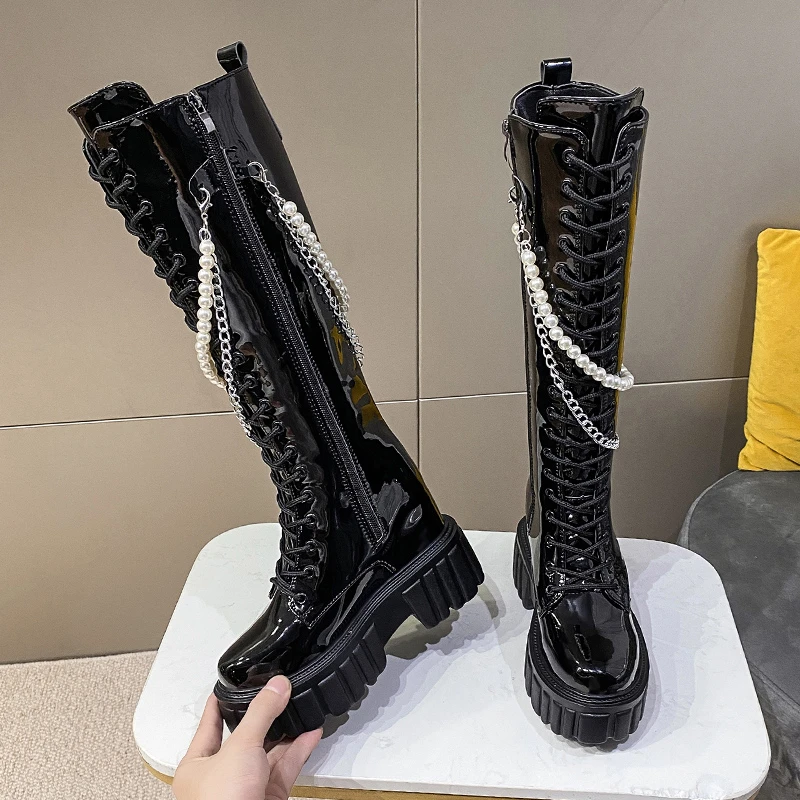 Winter Chunky Platform Leather Knee High Boots Women Punk String Bead 10CM Height Increasing Long Boots Woman Lace Up Booties