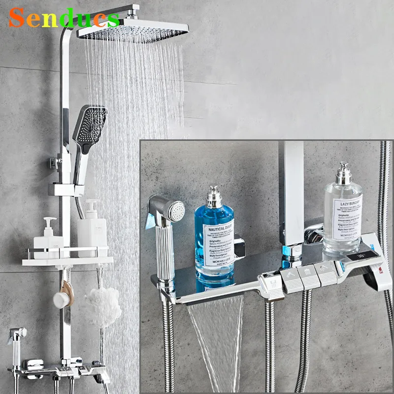 Chrome Digital Piano Shower Set Senducs Hot Cold Digital Bathroom Shower System Brass Bathroom Mixer Faucet Rain Shower Head