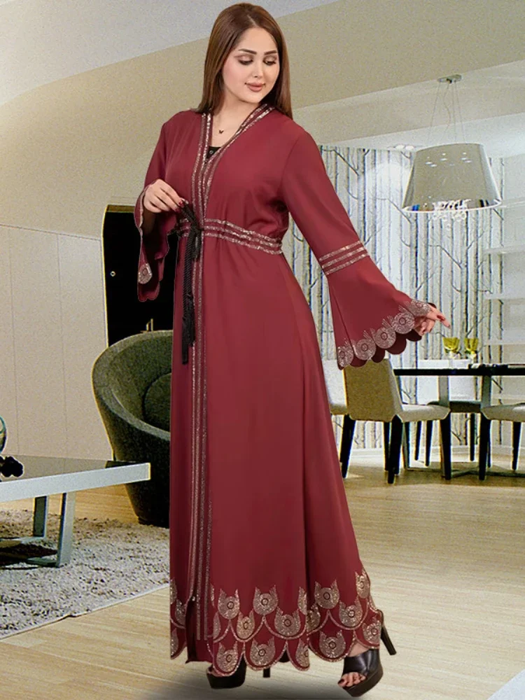 Eid Muslim Party Dress for Women Diamond Flare Sleeve Ramadan Abaya Belt Morocco Kaftan Vestidos Largos Dubai Robe Jalabiya 2024