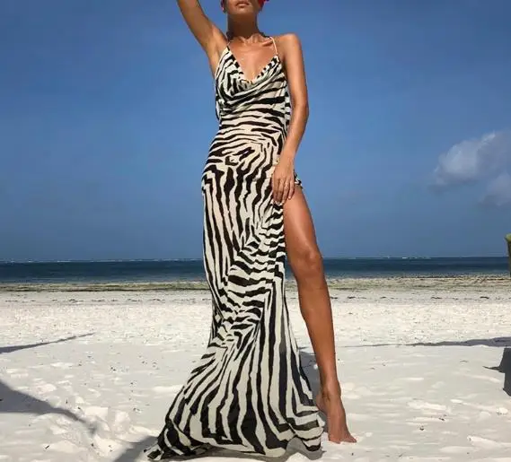 

2026 Summer New Women's Fashion Zebra Pattern High Seam Lace Perspective Sexy Vacation Style Dress Women's Wear