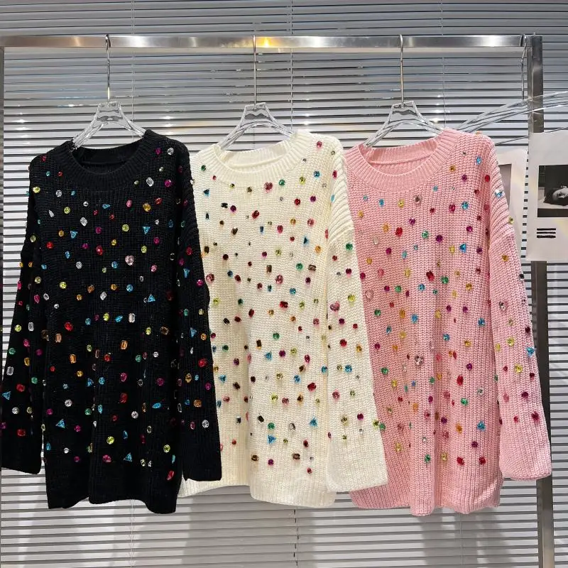 Harajuku Women Colorful Gem Beaded Heavy Industry Loose Knit Sweater Knitted Diamonds Pullovers Jumpers Rhinestone Knitwear Tops