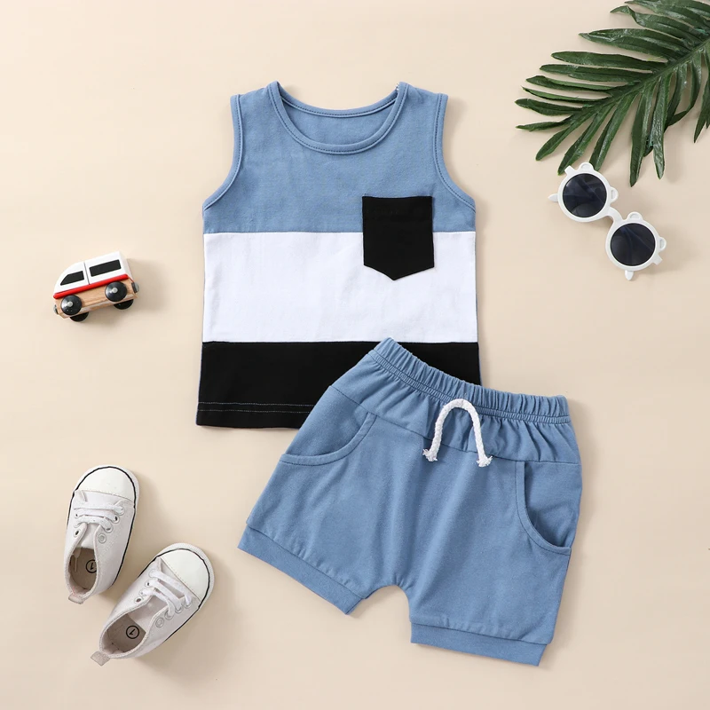 2023-02-17 Lioraitiin 0-3Years Toddler Boys 2Pcs Summer Outfit Sets Sleeveless Contrast Tank Tops Solid Drawstring Shorts