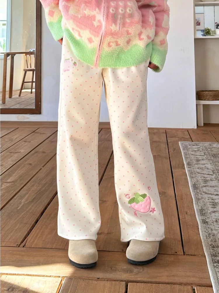 

Японские кавайные широкие брюки в стиле Лолиты, женские повседневные брюки с милой клубничной вышивкой в горошек, винтажные спортивные штаны для девочек