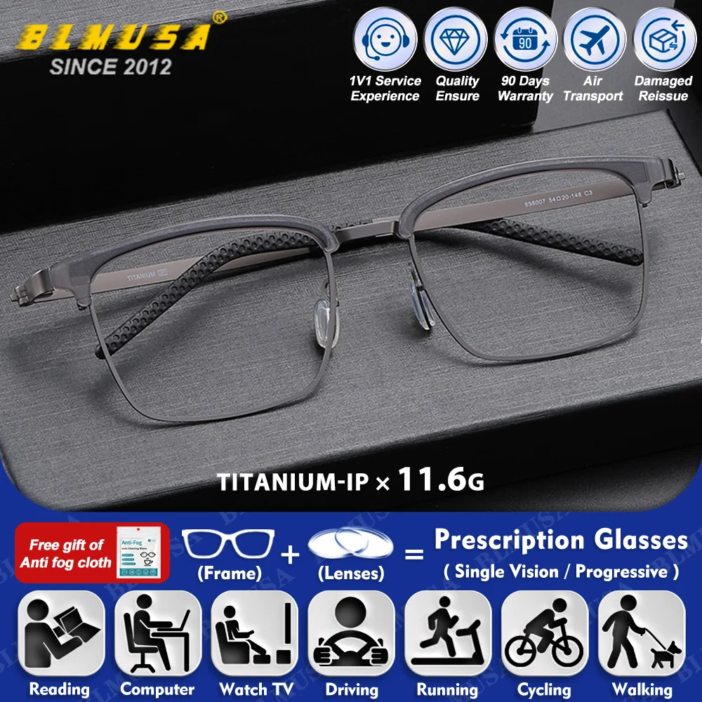 

BLMUSA (L) Men Square Ultralight Titanium Myopia Prescription Glasses Blue Light Filter Photochromic Progressive Optical Eyeware