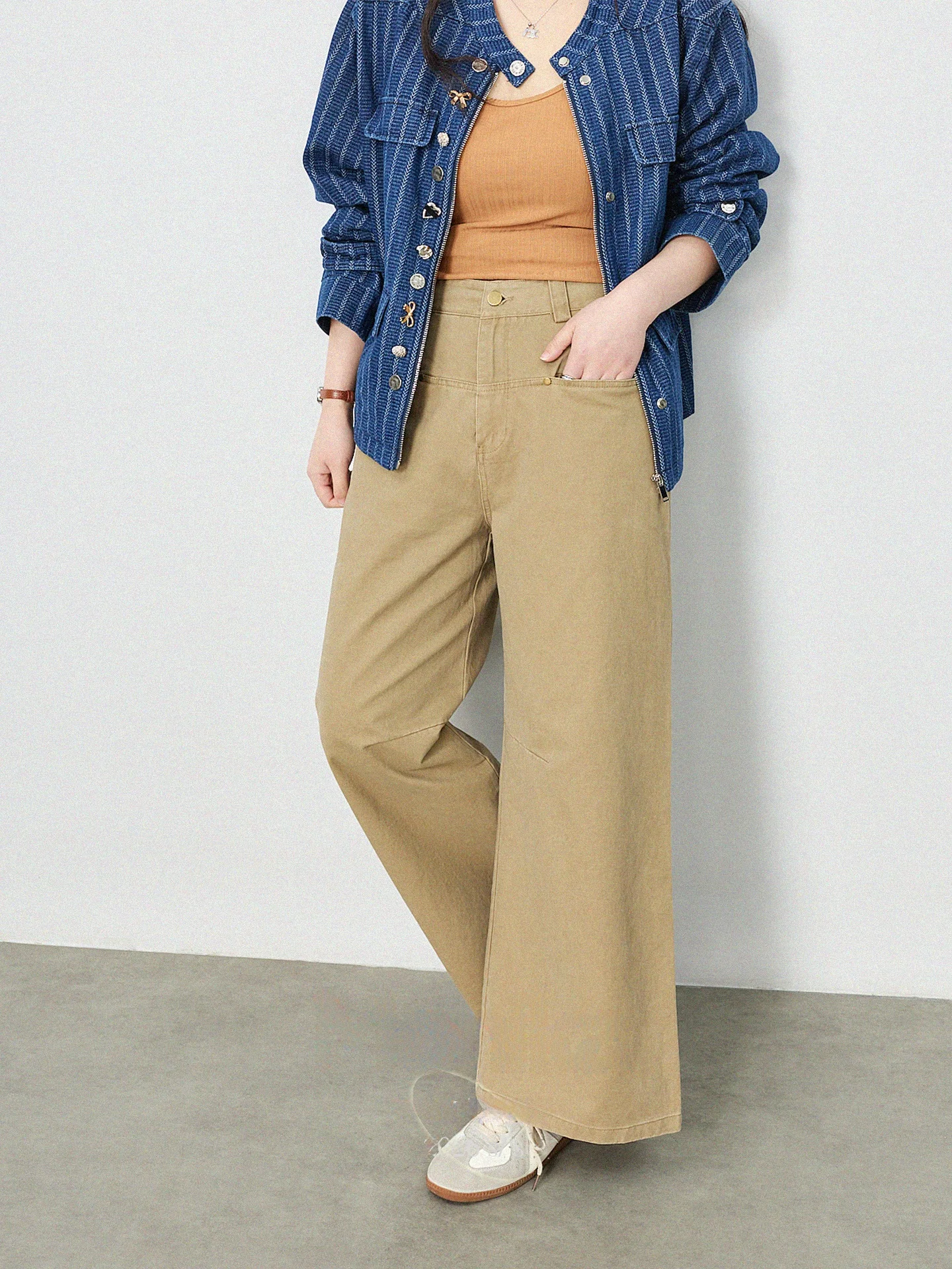 

Брюки с высокой талией свободного кроя цвета хаки для полных женщин, прямые длинные брюки из смесового хлопка для повседневной носки