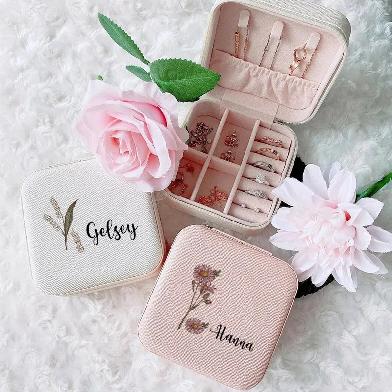 Personalised Birth Month Flowers Jewellery Box Travel Jewelry Case Customized Birth Flower Jewelry Box Birthday Gift for Her