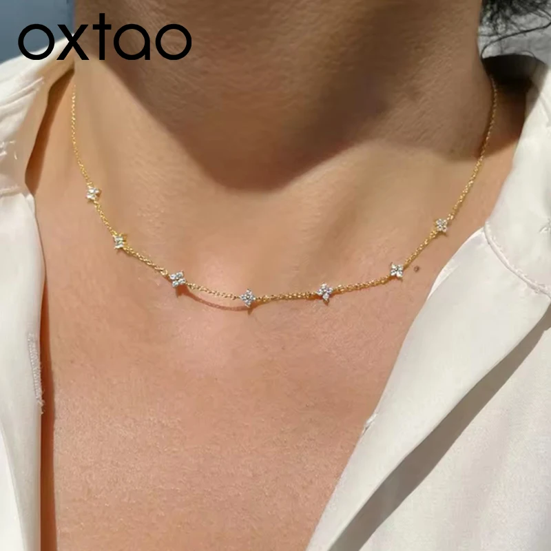 

OXTAO Mini Four-Leaf Clover Charm Necklace for Women 14K Gold Filled D VVS1 3mm Moissanite Flower Necklace Luxury Jewelry Gift