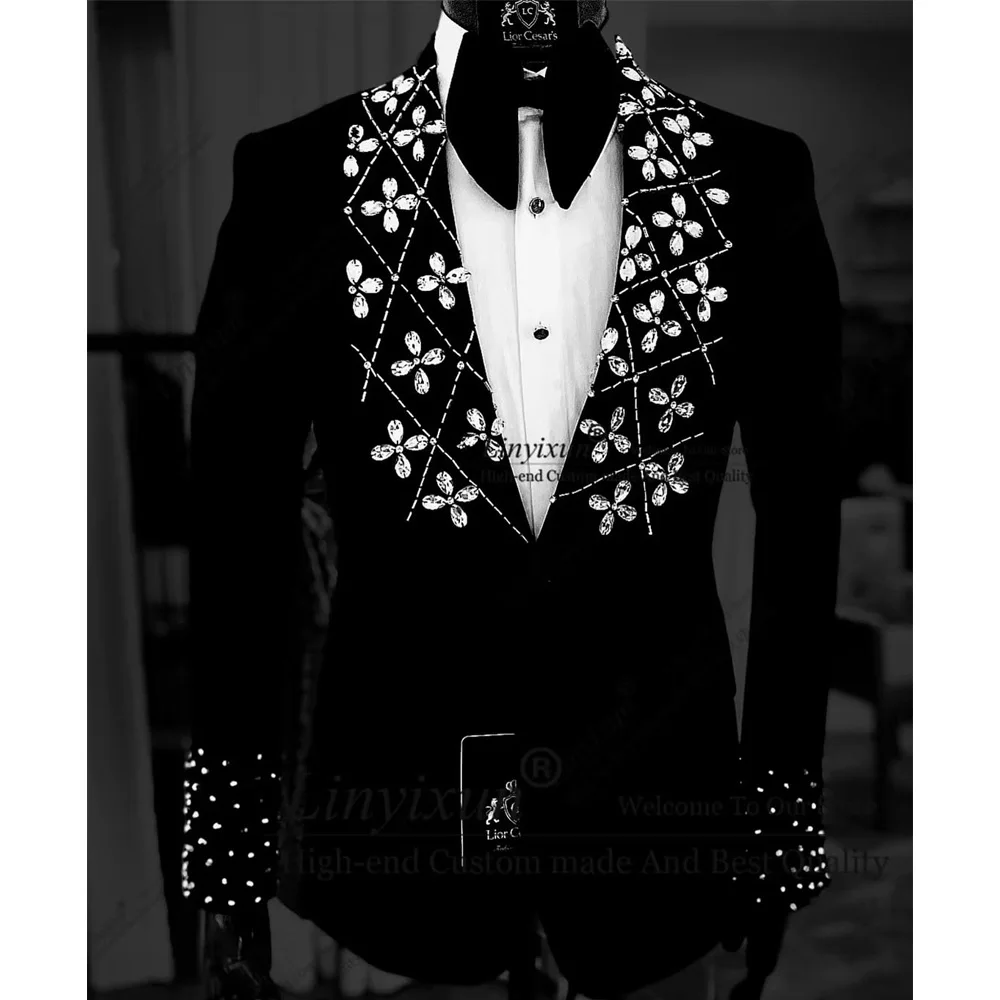 Two Pieces Formal Blazer Pants Set Crystals Beaded Party Tuxedos Beaded Wedding Groom Suit Set  Luxurious Men's Formal Suit