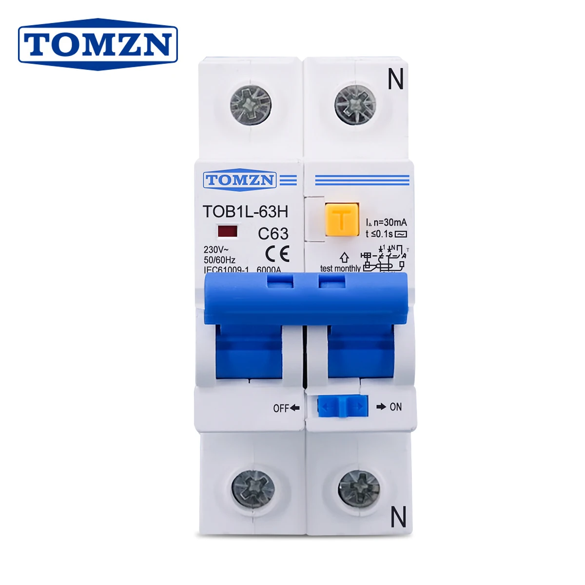 

TOMZN TOB1L-63H 2P 63A 230V AC 50Hz/60Hz cut L N Residual current Circuit breaker with over current and Leakage protection RCBO