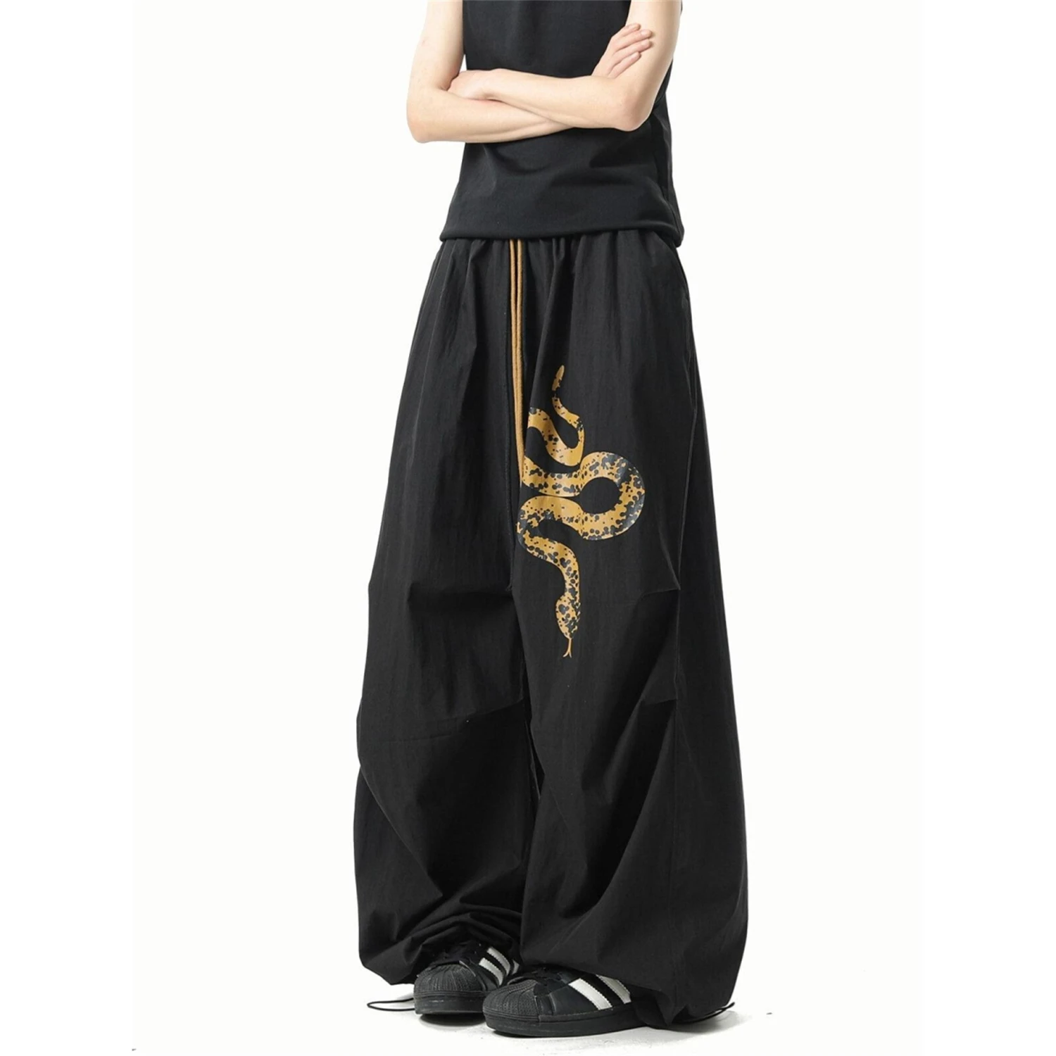 Women's Y2K Streetwear Oversized Baggy Pants Black with Snake Print Drawstring Wide Leg Trousers Casual Fashion Pants
