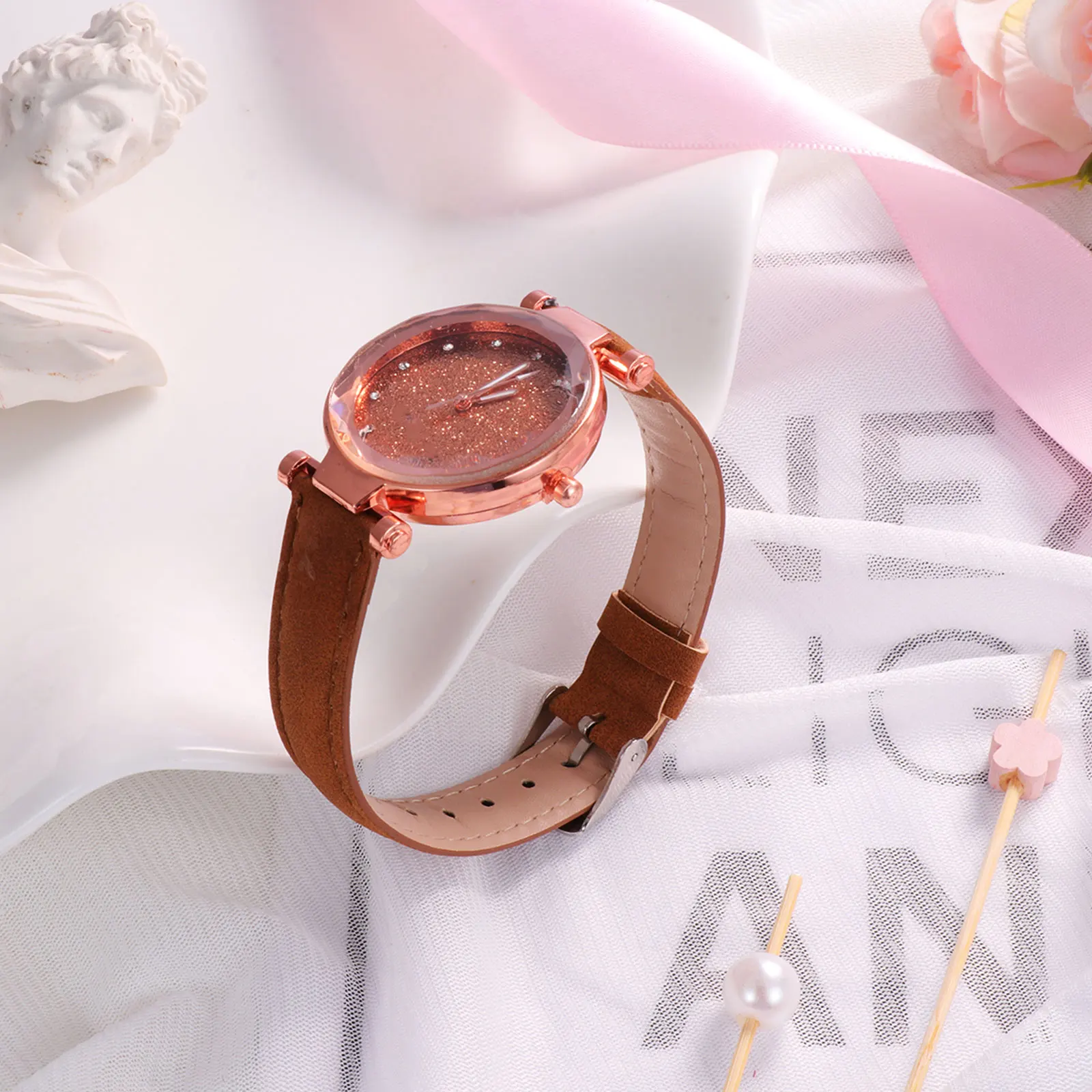 

2 Pcs Quartz Watches Glittering Girl Fashion Women Wrist Decoration Purple and Brown