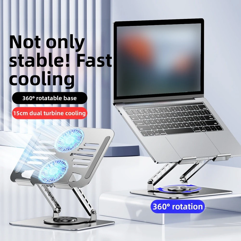 Ergonomic Laptop Stand With Dual Cooling Fan 360° Rotating Adjustables Height Foldable Tablet Cooler Bracket Computer Accessory