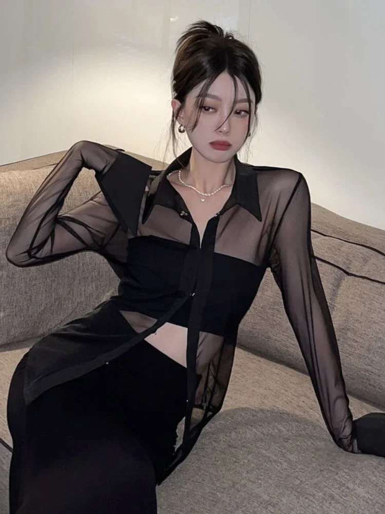Temperament Damen Tops Blusen für Frauen Langarm Dünnes Hemd Perspektive Schwarz Blusas De Mujer Sexy Mode Shirts
