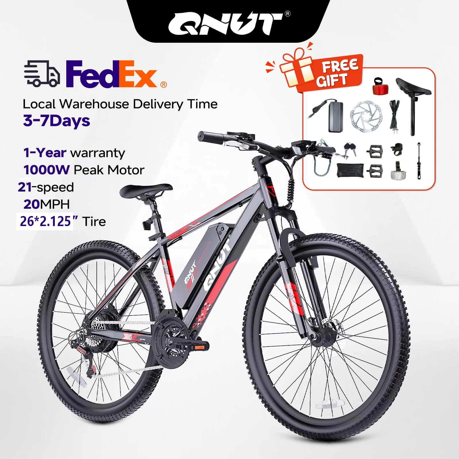 

QNUT Victor3.0 Mountain Electric Bicycle 1000W 36V 10.4AH 26' Tire All-Terrain E-Bike Urban Off-Road Commuter Adult E-Bike