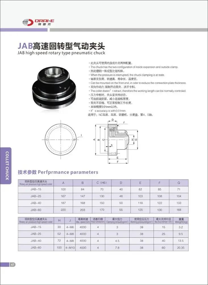 Rotary air pressure high-speed hollow chuck inside the outer clip collet clip pneumatic chuck collet JAB-15 JAB-25 JAB-40 chuck