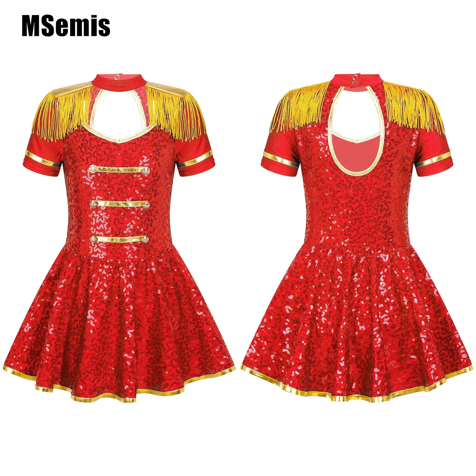 

Kids Girls Honor Guard Circus Dress Up Costumes Set Shiny Sequin Gold Tassel Epaulets Built-in Briefs Performance Costumes